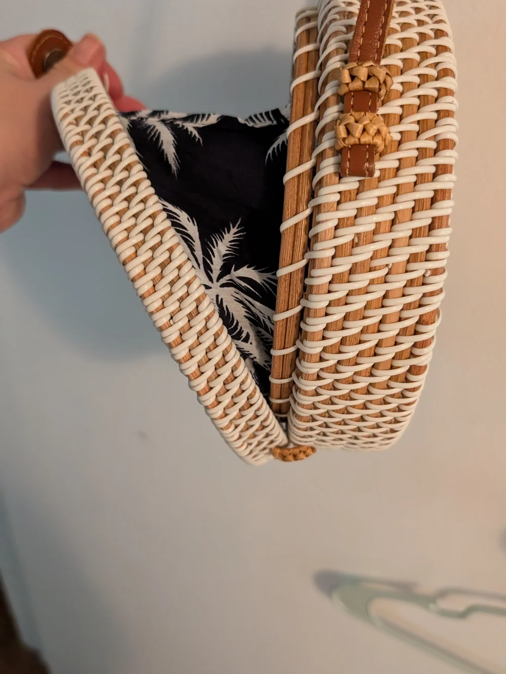 Woven Round Crossbody Bag in White with Tan Strap